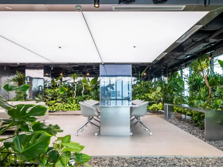 Modern commercial space showing “resimercial”, texture-topia and biophilic design trends from 2025.