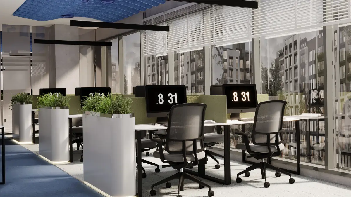 Modern office interior design featuring functional workspaces, contemporary furniture, and a professional corporate environment.