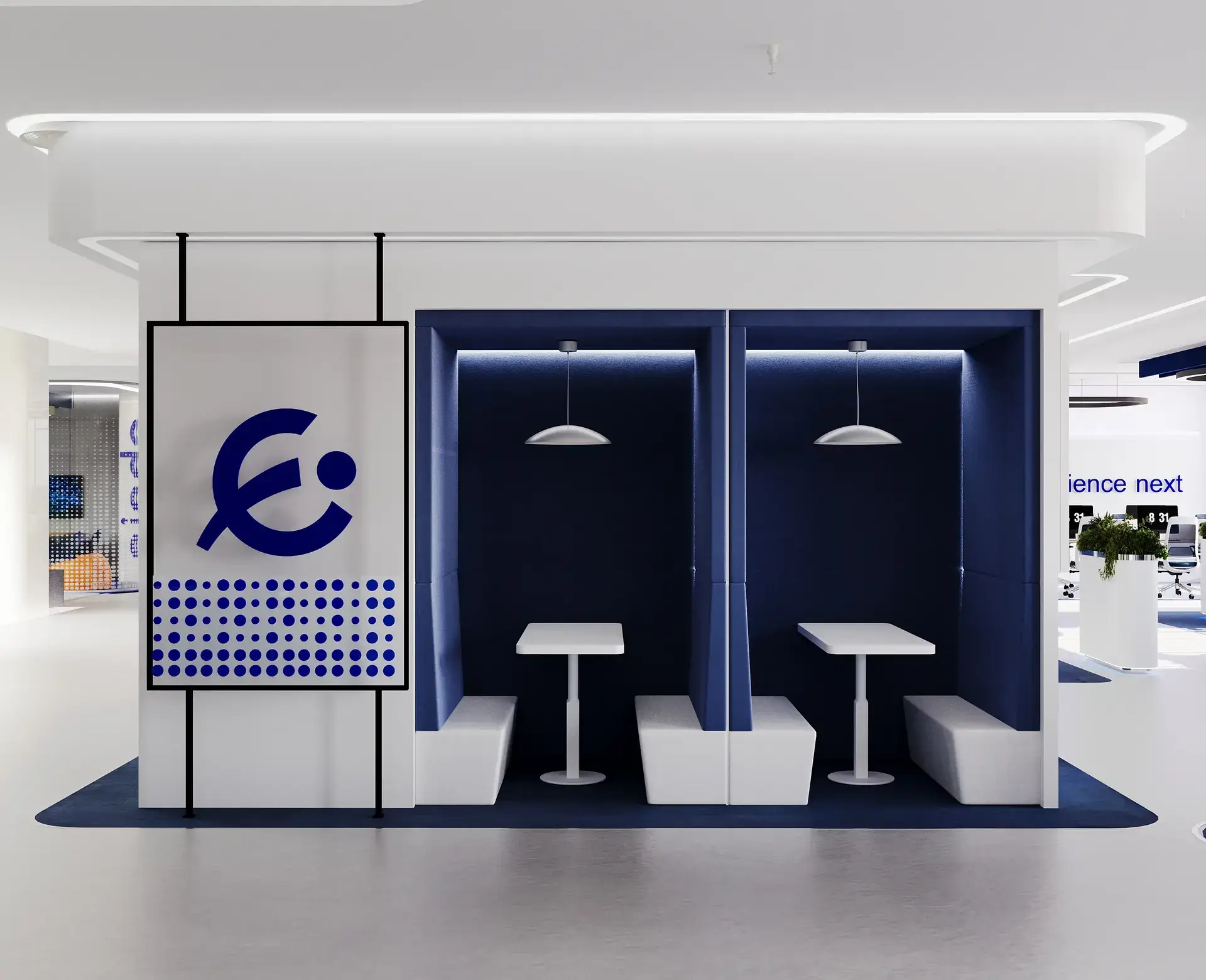 Modern acoustic office work pods with private seating, task lighting, ergonomic workspace, and focused work environment.