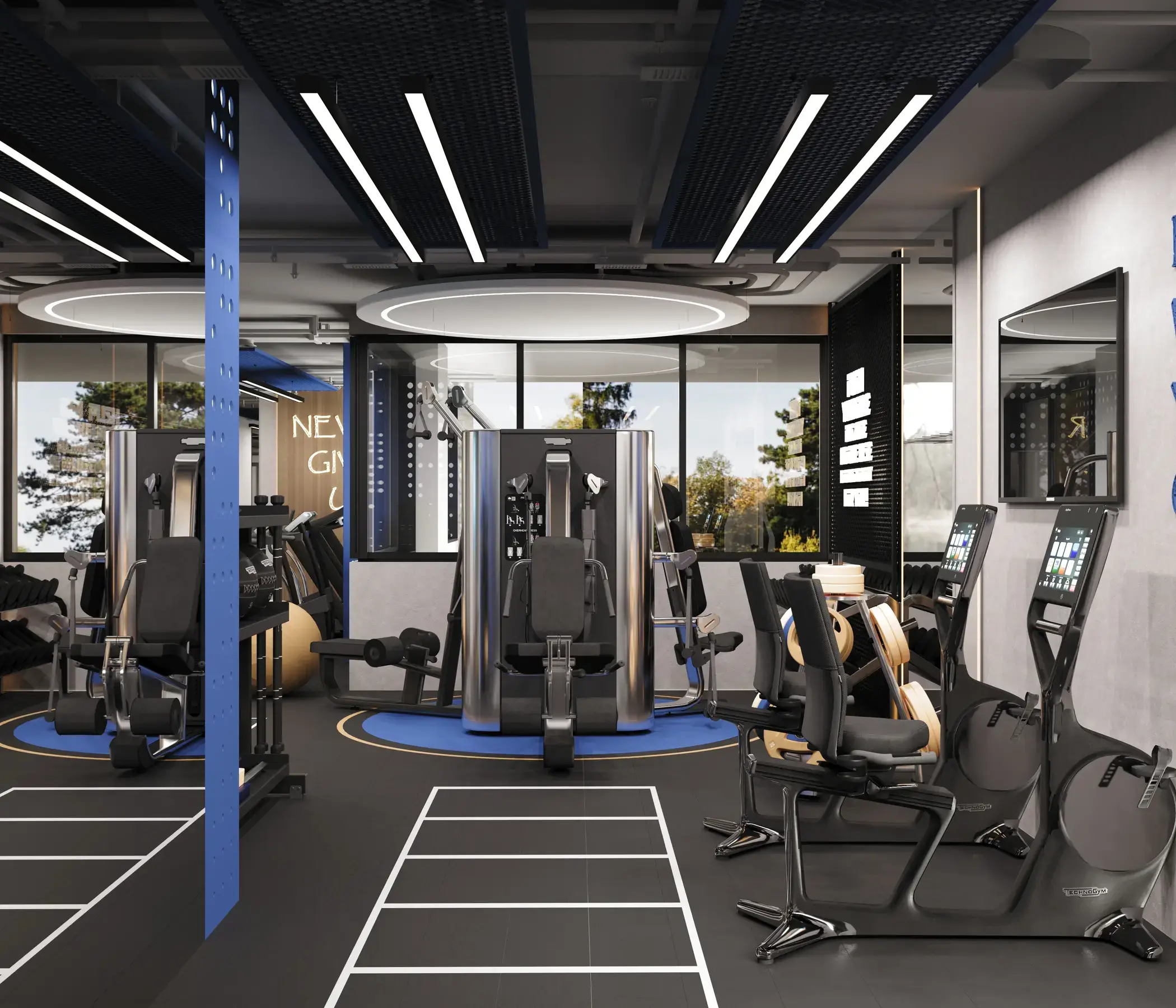 Corporate gym interior design with strength equipment, cardio machines, employee wellness facilities, and modern fitness center layout.