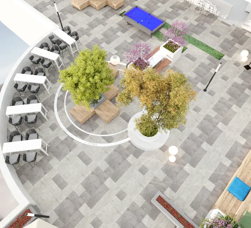 Corporate outdoor courtyard design featuring landscaped seating, recreational spaces, outdoor collaboration zones, and modern workplace amenities.