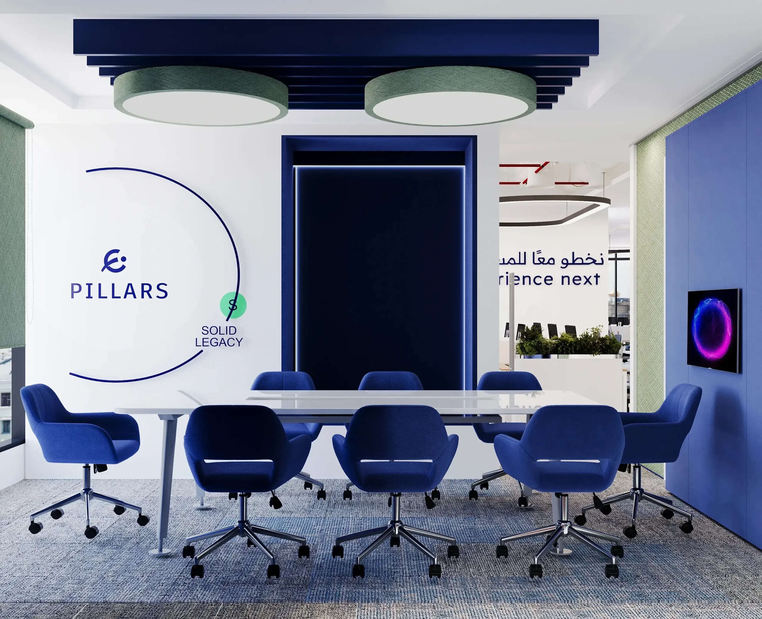 Modern meeting room interior design with conference table, ergonomic chairs, branded corporate wall graphics, and contemporary office lighting.