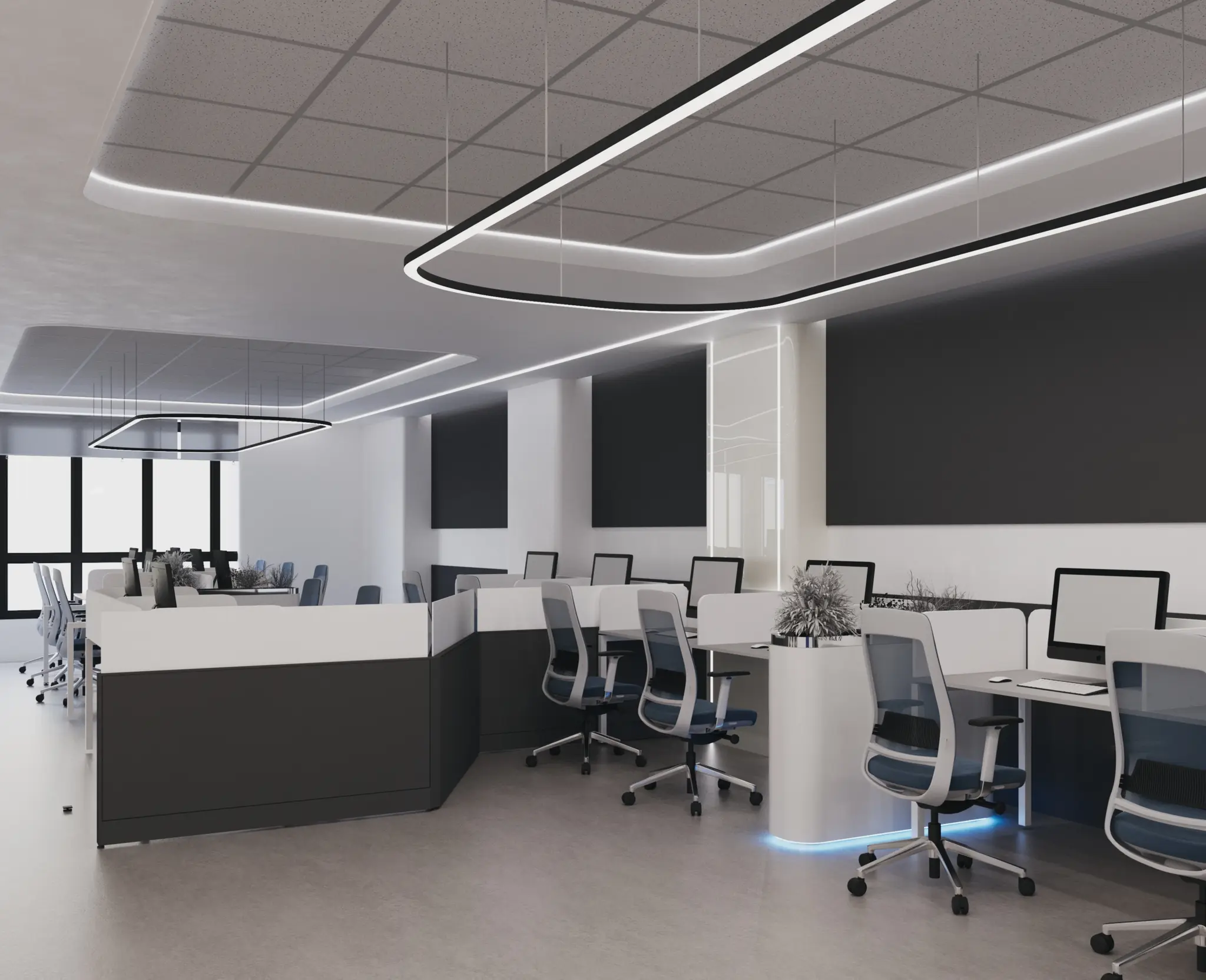Modern open office interior design with collaborative workstations, ergonomic office chairs, LED ceiling lighting, and minimalist corporate workspace layout.