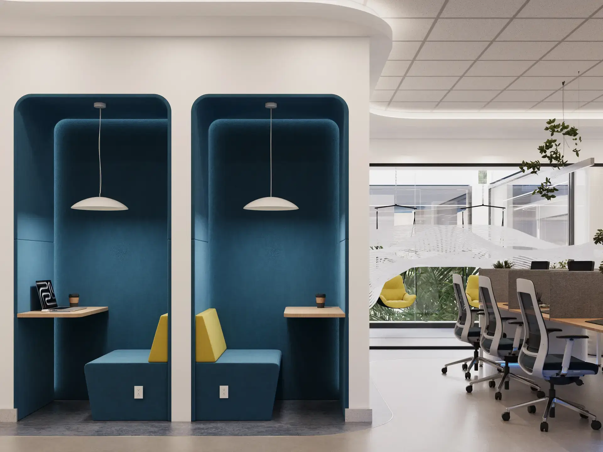 Office focus booth design featuring private work pods, acoustic seating, collaborative spaces, and modern workplace interiors.