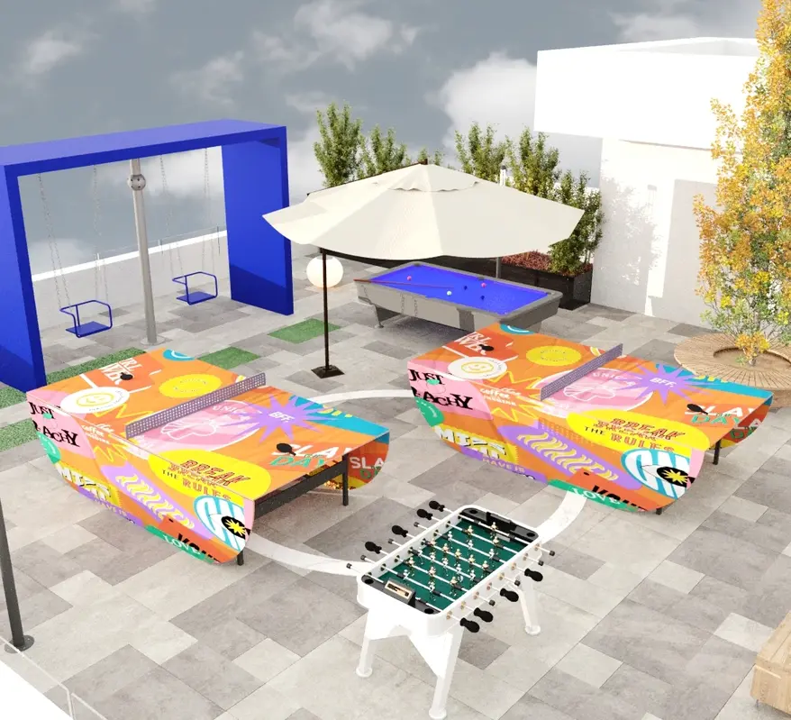 Office recreation area design with outdoor ping pong tables, foosball, swings, shaded seating, and employee entertainment zone.