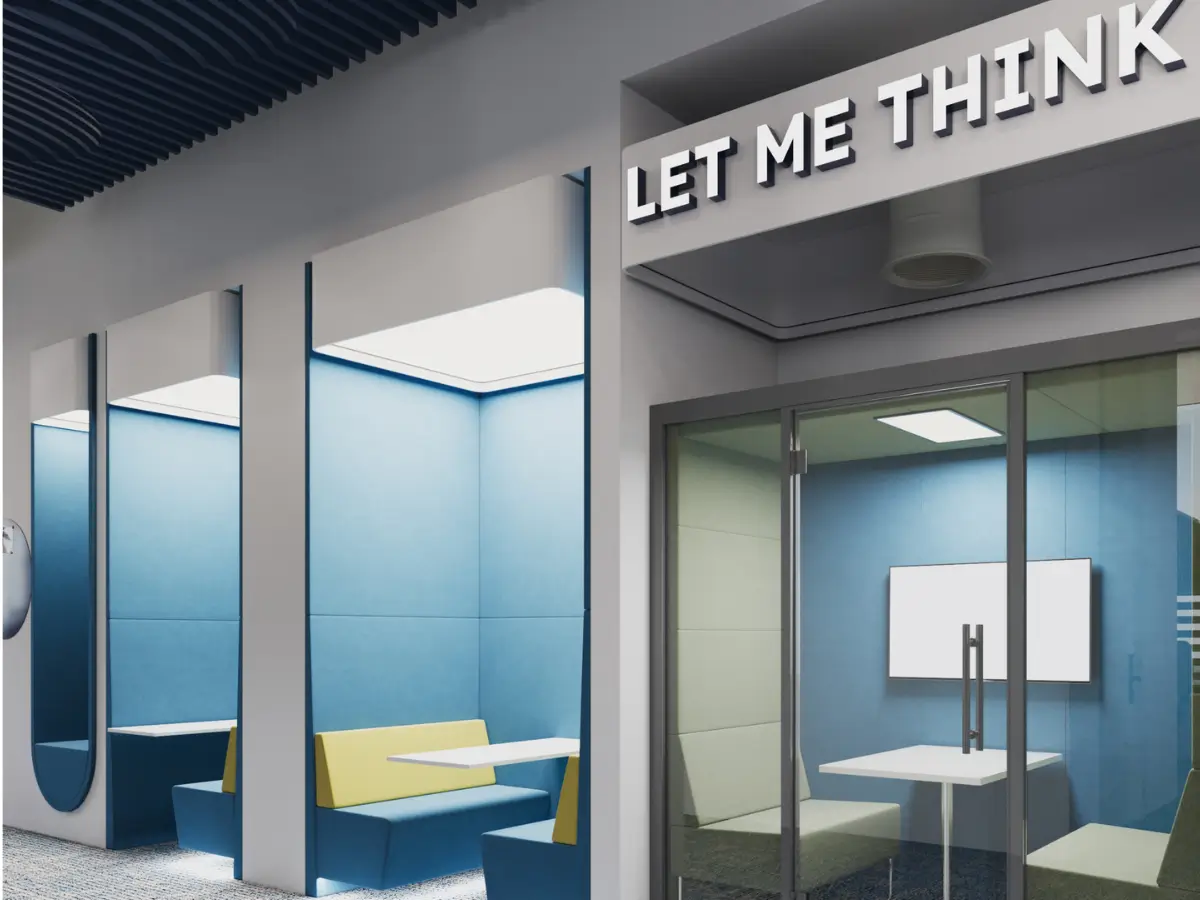 office space zoning showing collaboration areas reception wellness and huddle rooms