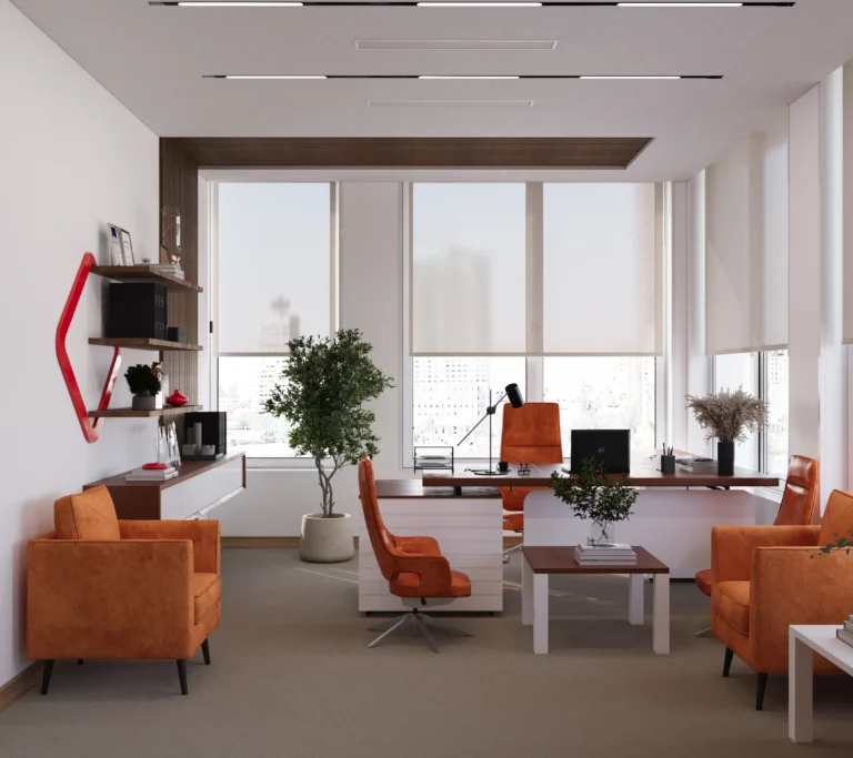 Modern CEO office interior design and executive office interior design with large windows, wood desk, orange chairs, and minimalist workspace layout.
