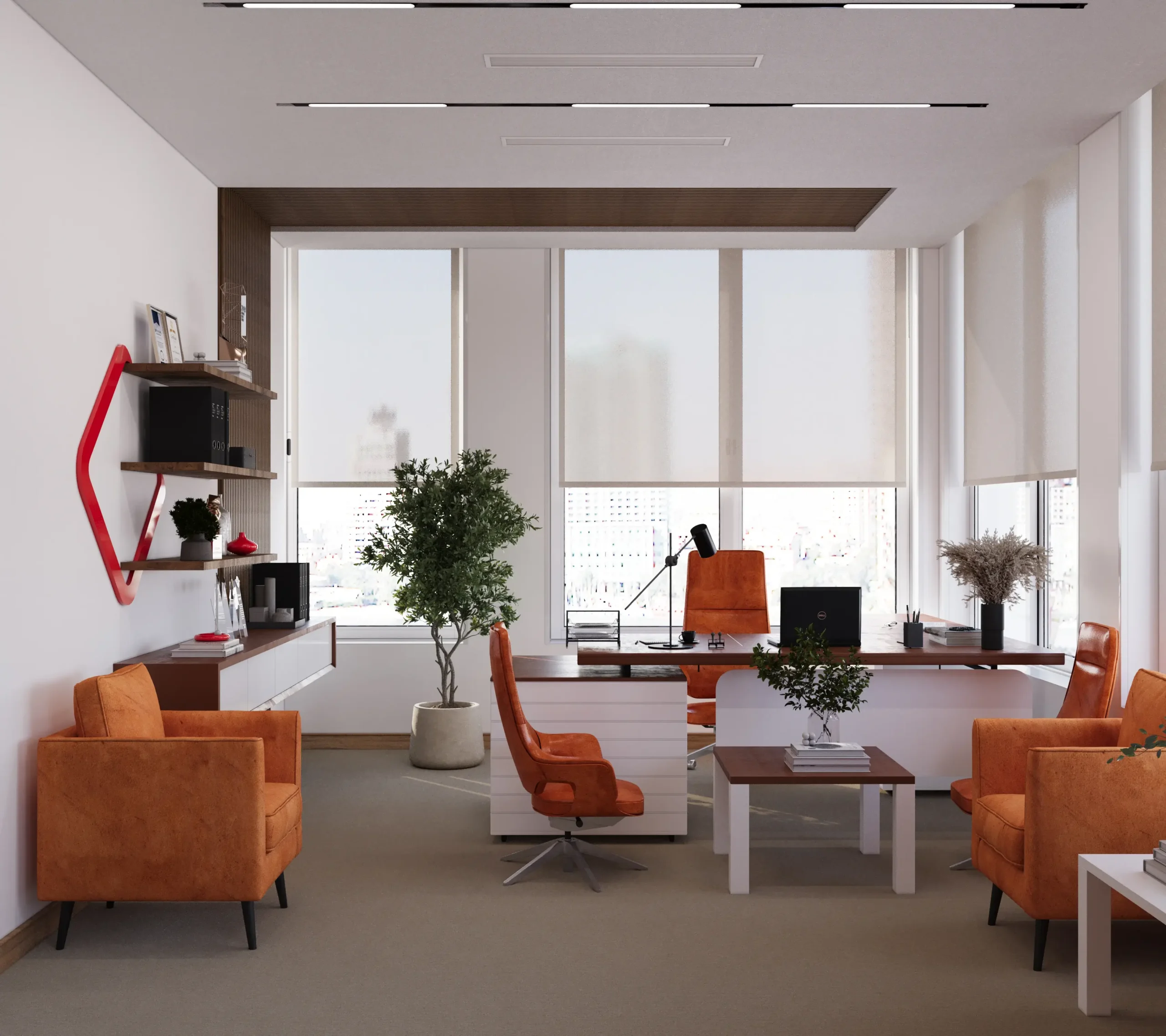 Modern CEO office interior design and executive office interior design with large windows, wood desk, orange chairs, and minimalist workspace layout.