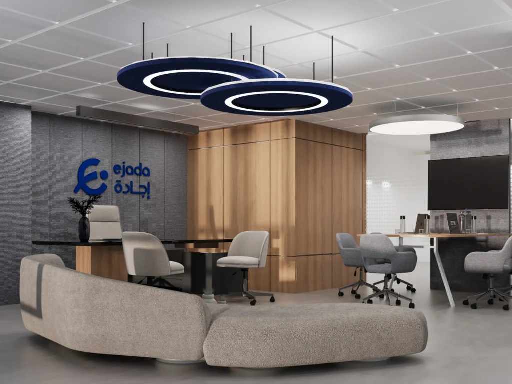 Modern corporate office interior design with meeting table, lounge seating, wood wall panels, and contemporary circular ceiling lighting.