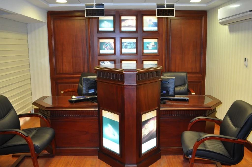 Bank reception desk interior with wooden counters and seating area