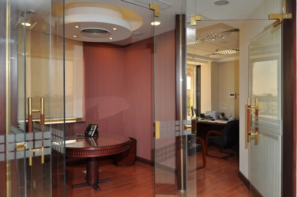 Bank waiting area interior design with wooden counters and seating chairs