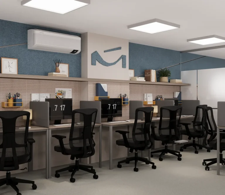 تصميم مكاتب مفتوحة حديثة لموظفي الشركات مع محطات عمل منظمة