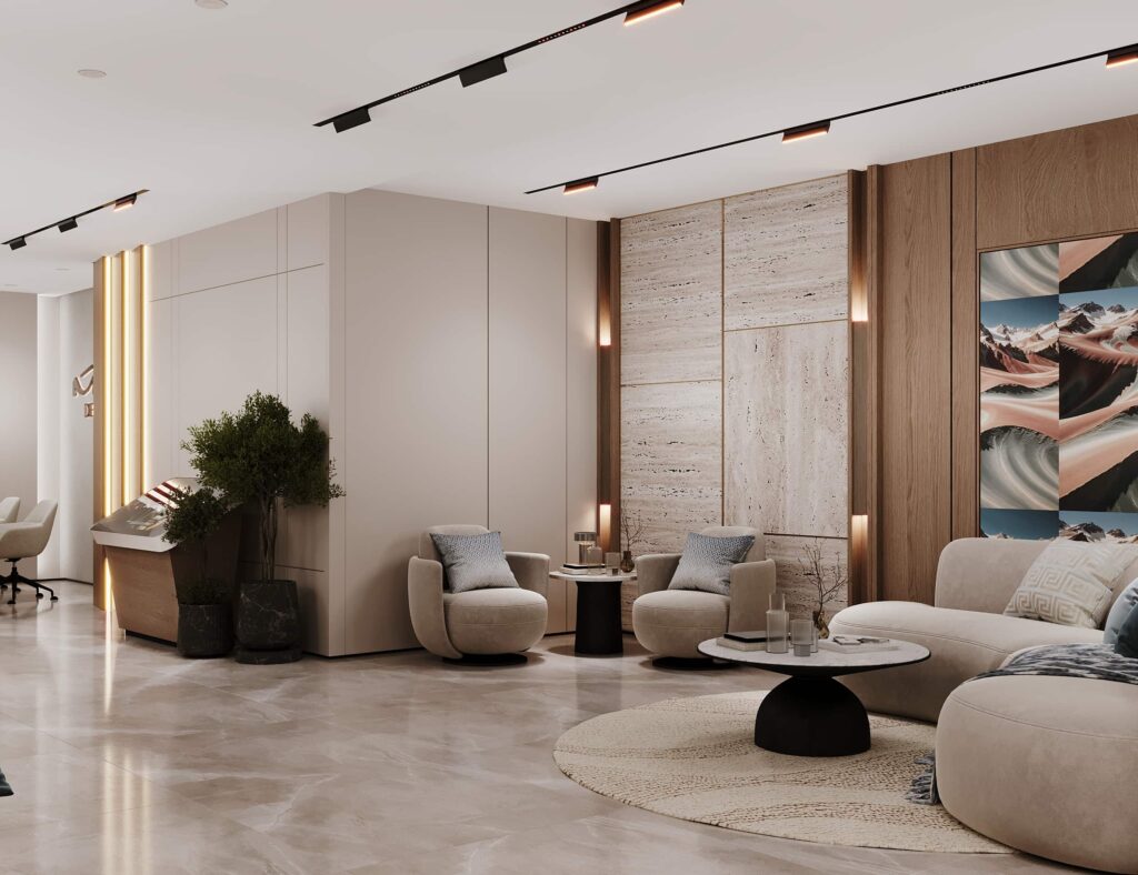 منطقة انتظار راقية ضمن استقبال شركة بتصميم عصري وألوان محايدة