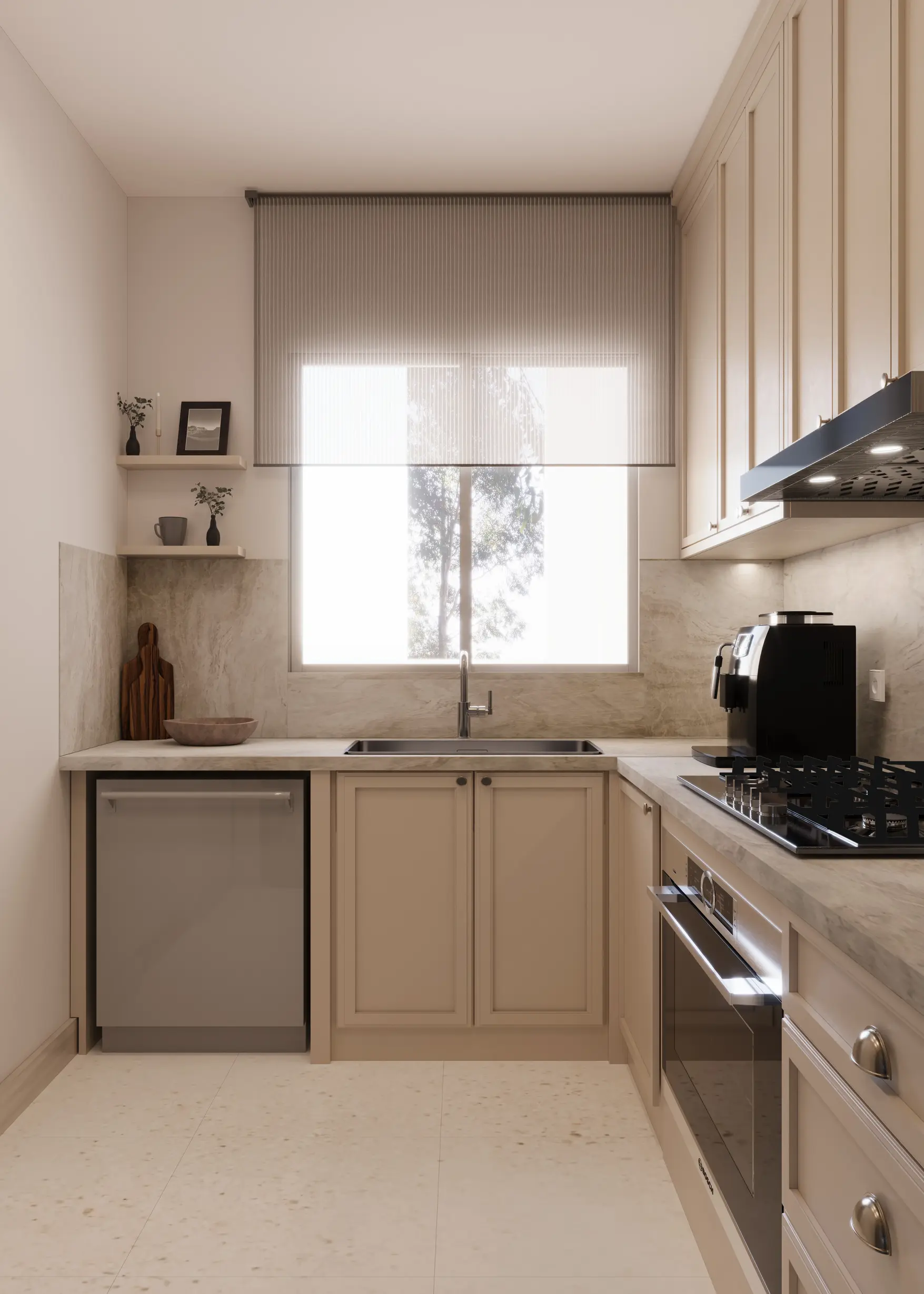 Modern small kitchen with beige cabinets, marble countertops, built-in appliances, and natural light from a large window.