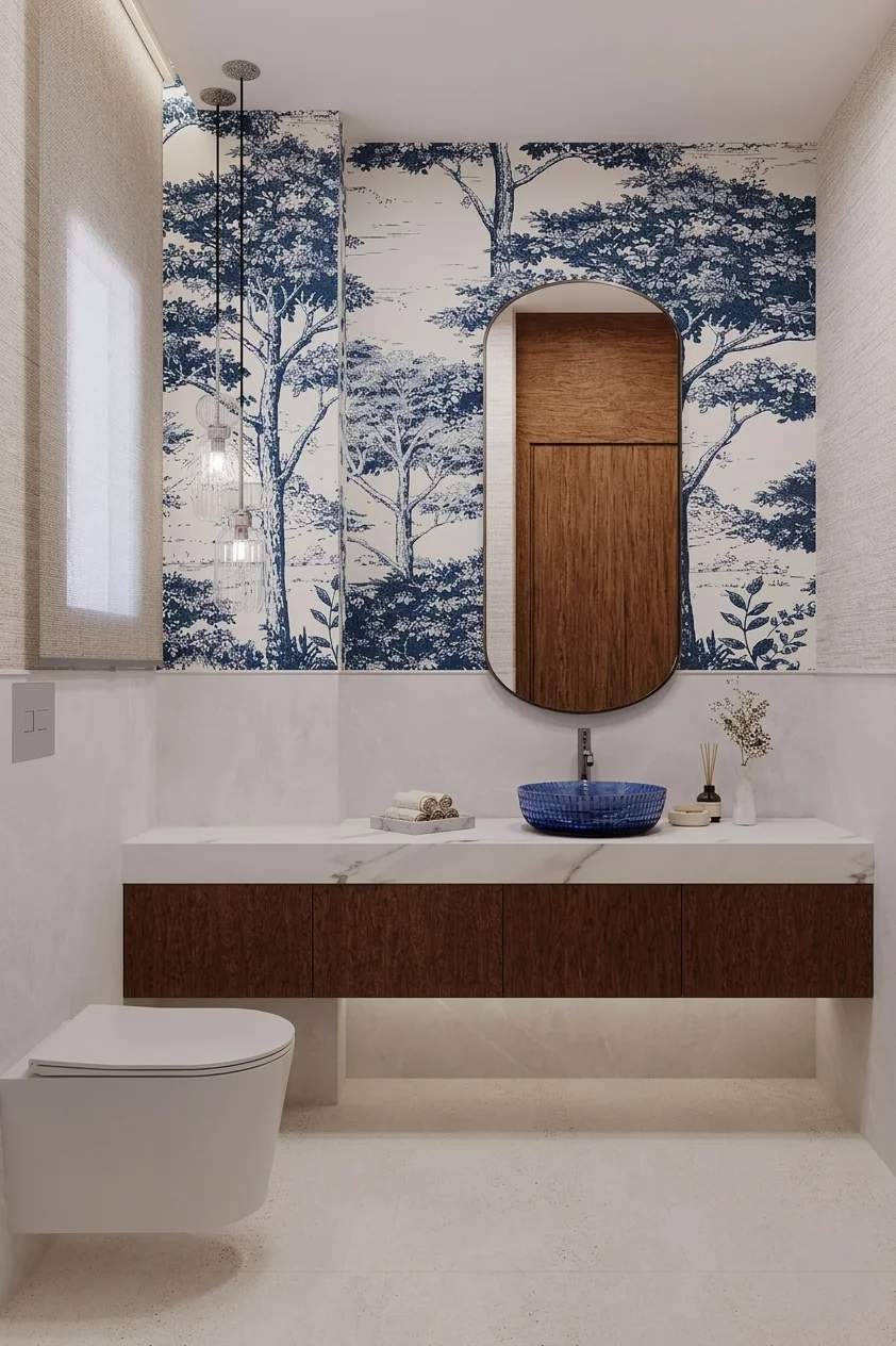 Modern guest bathroom with a floating wooden vanity, blue vessel sink, oval mirror, and botanical patterned wall.