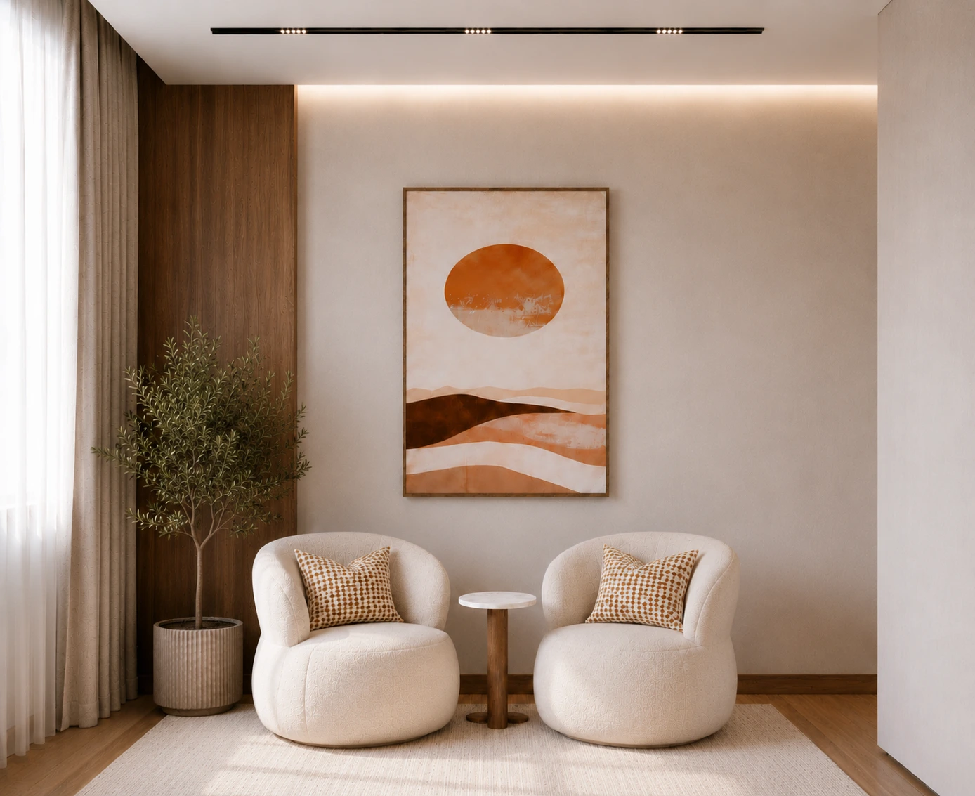 Modern seating corner with two curved white armchairs, wooden wall panels, warm lighting, and neutral decor.