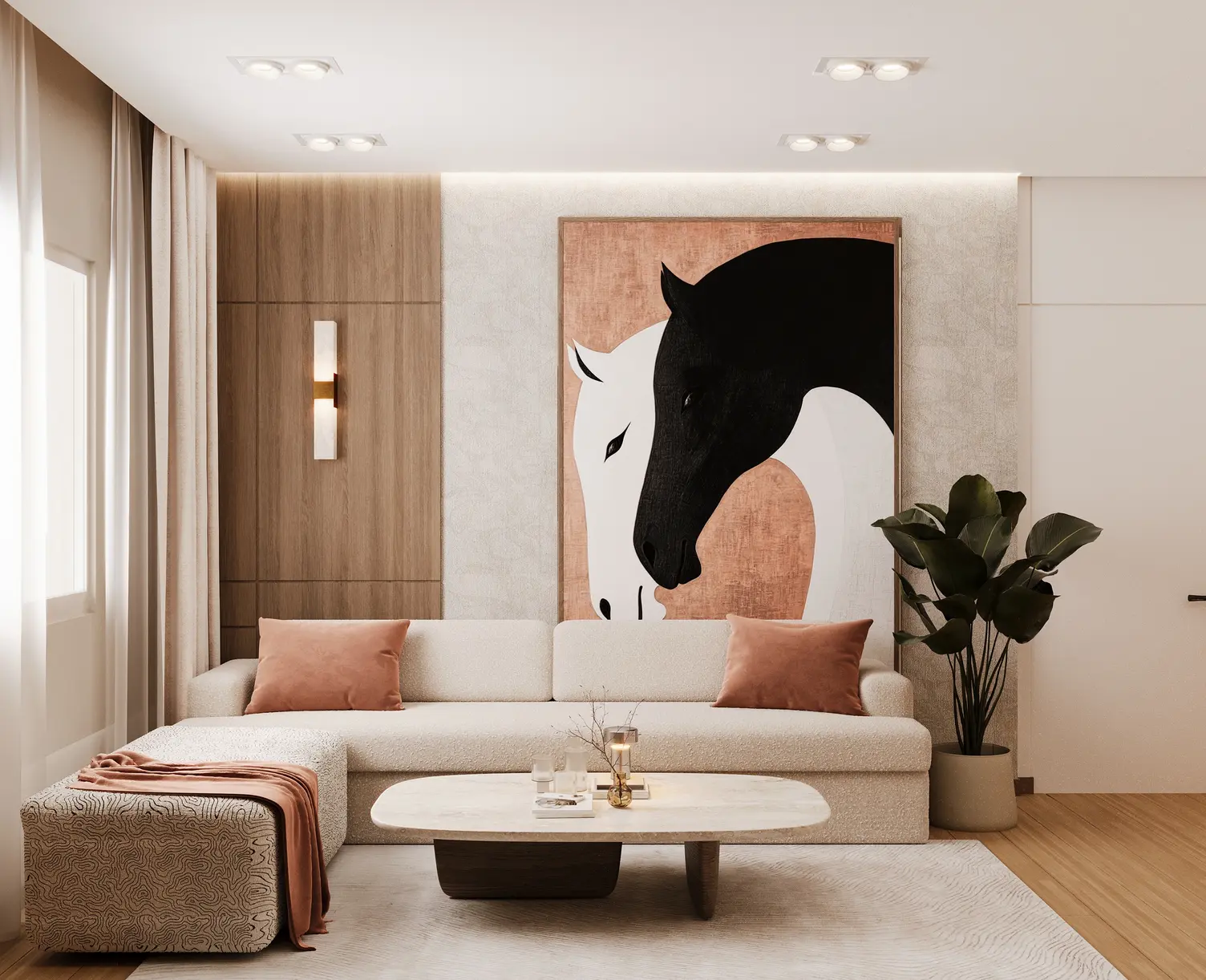 Modern living room interior with a white sofa, wooden wall panels, warm neutral tones, and large horse artwork.