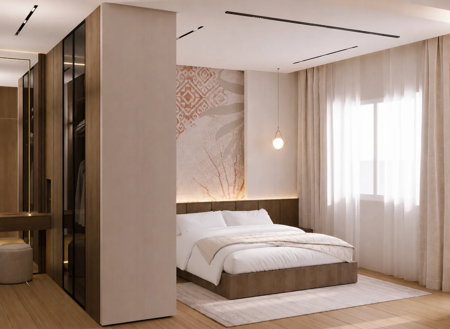 Modern master bedroom with a wooden bed, warm neutral tones, decorative feature wall, and integrated dressing area.