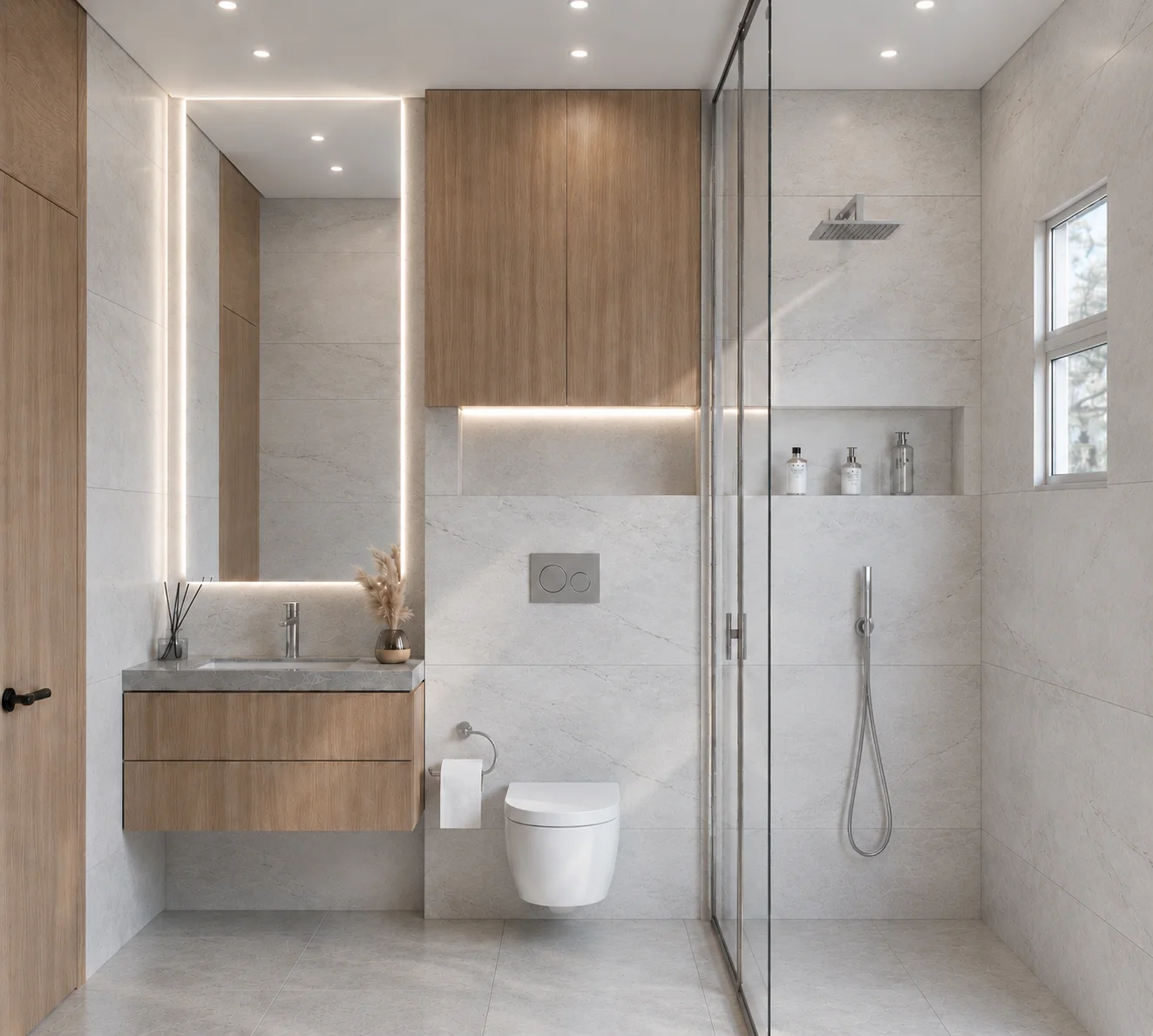 Modern bathroom with a floating wooden vanity, illuminated mirror, wall-mounted toilet, and glass walk-in shower.