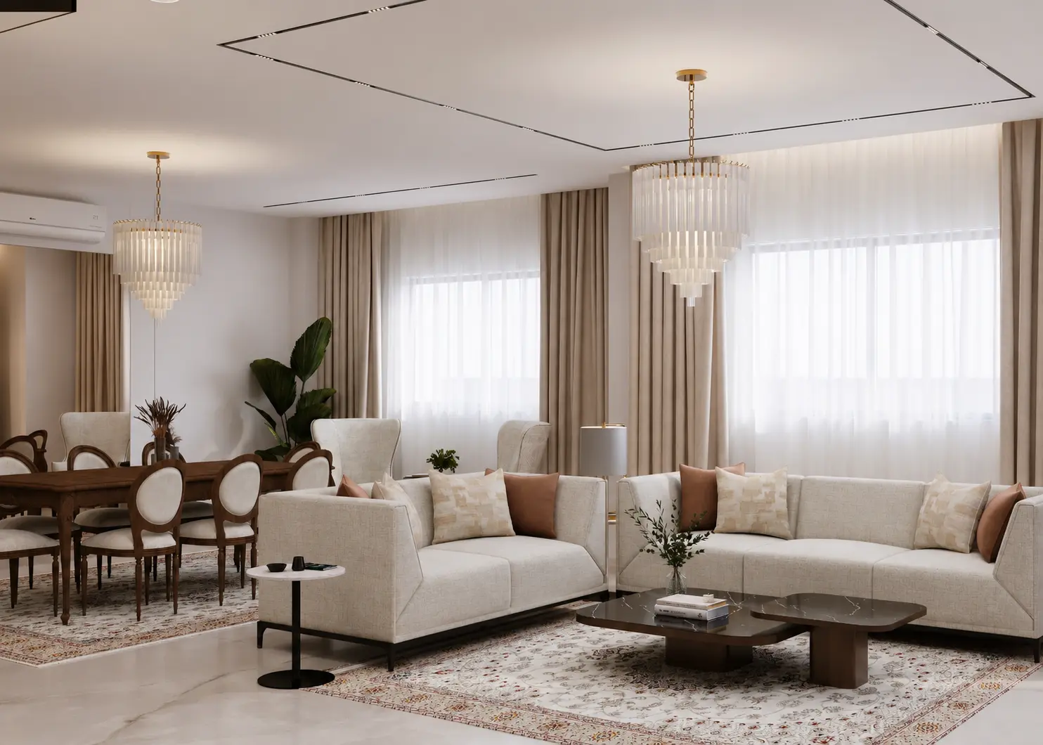 Modern open-plan living and dining room with neutral sofas, wooden dining furniture, statement chandeliers, and large windows.