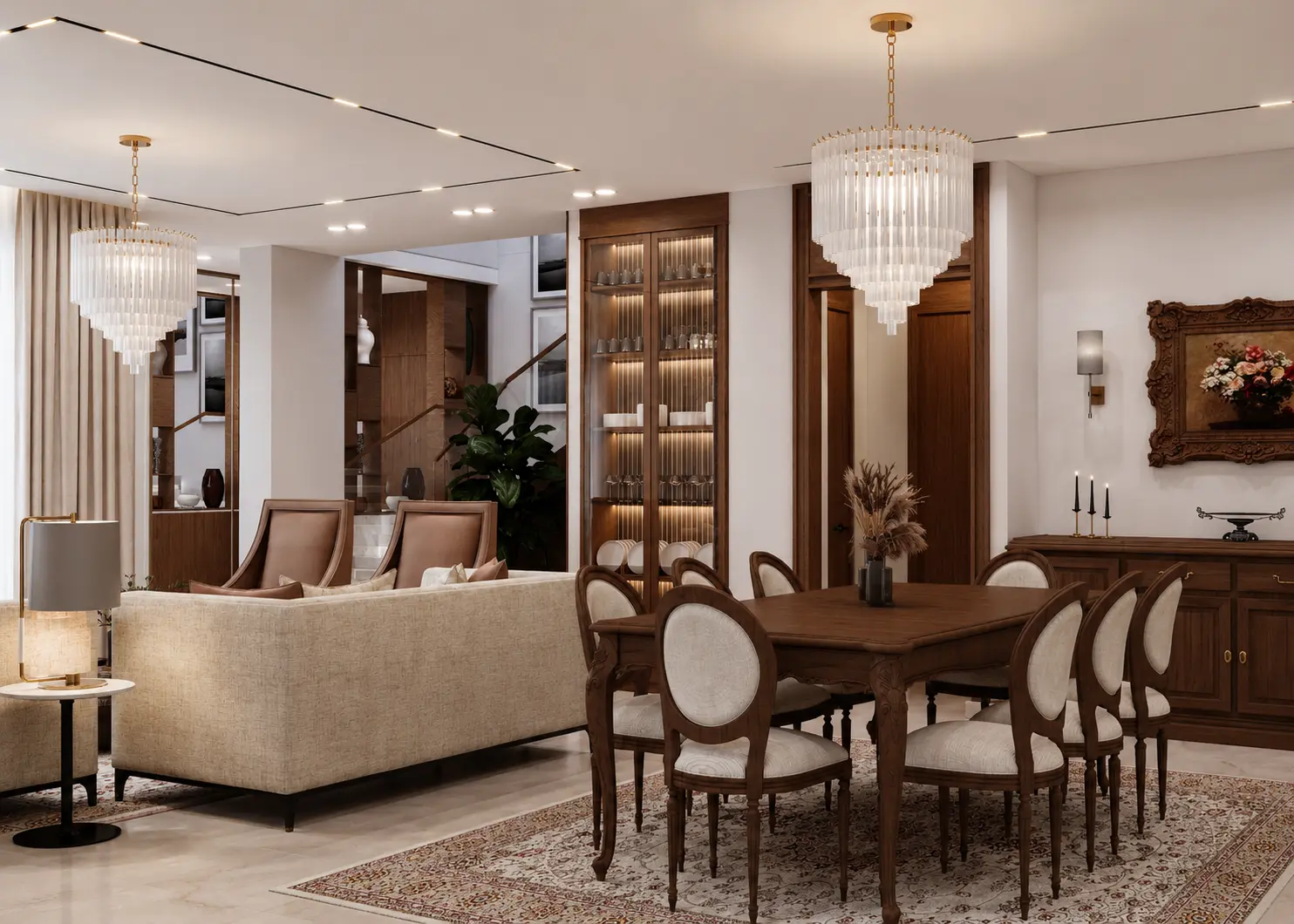 Elegant dining and reception area with a large wooden dining table, upholstered chairs, glass chandeliers, and illuminated display cabinets.