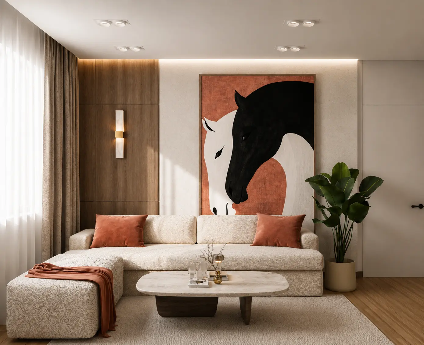 ontemporary living room with a white sectional sofa, warm wood paneling, orange accent cushions, and oversized horse artwork.