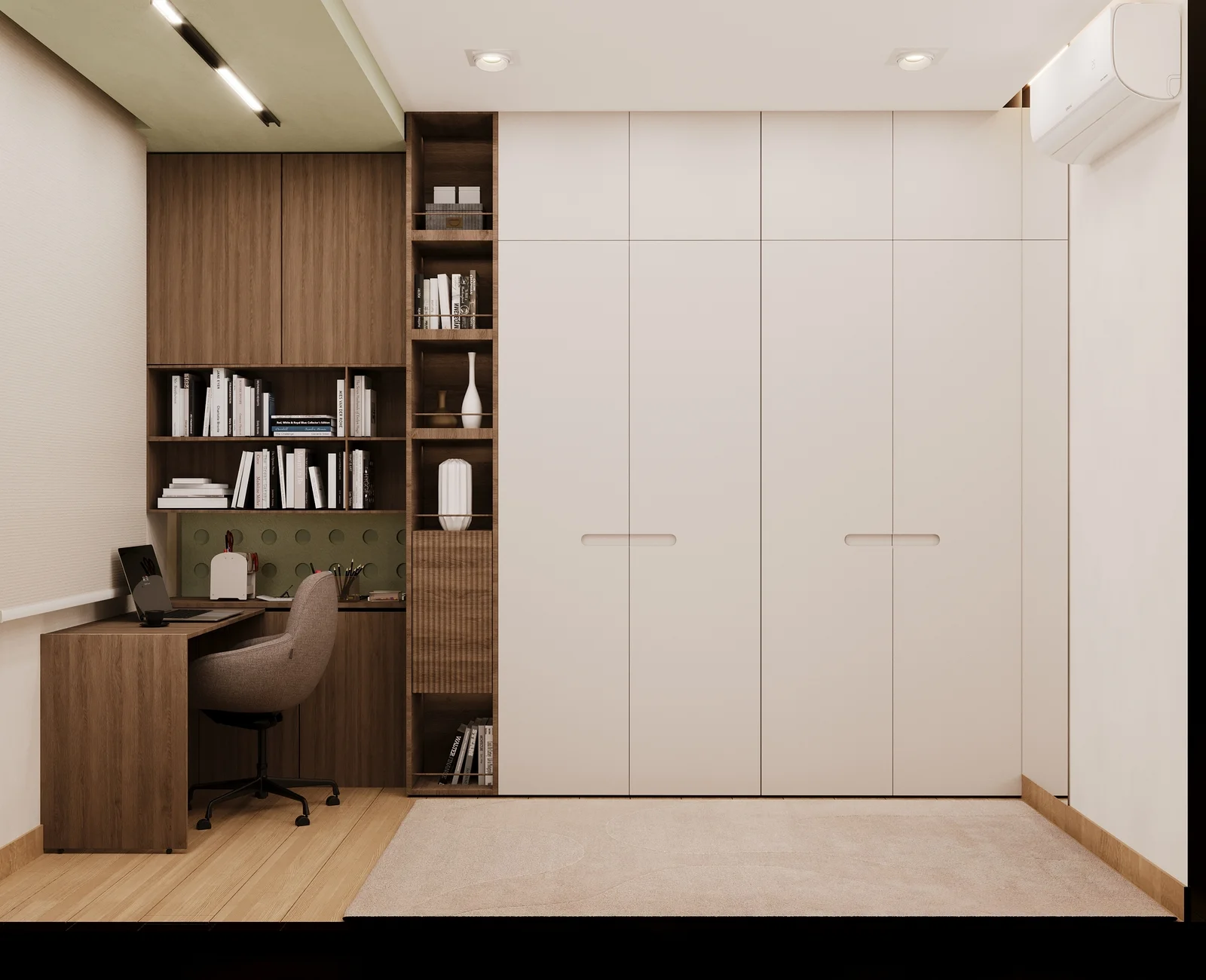 odern bedroom with a built-in study desk, wooden bookshelves, floor-to-ceiling wardrobes, and neutral finishes.