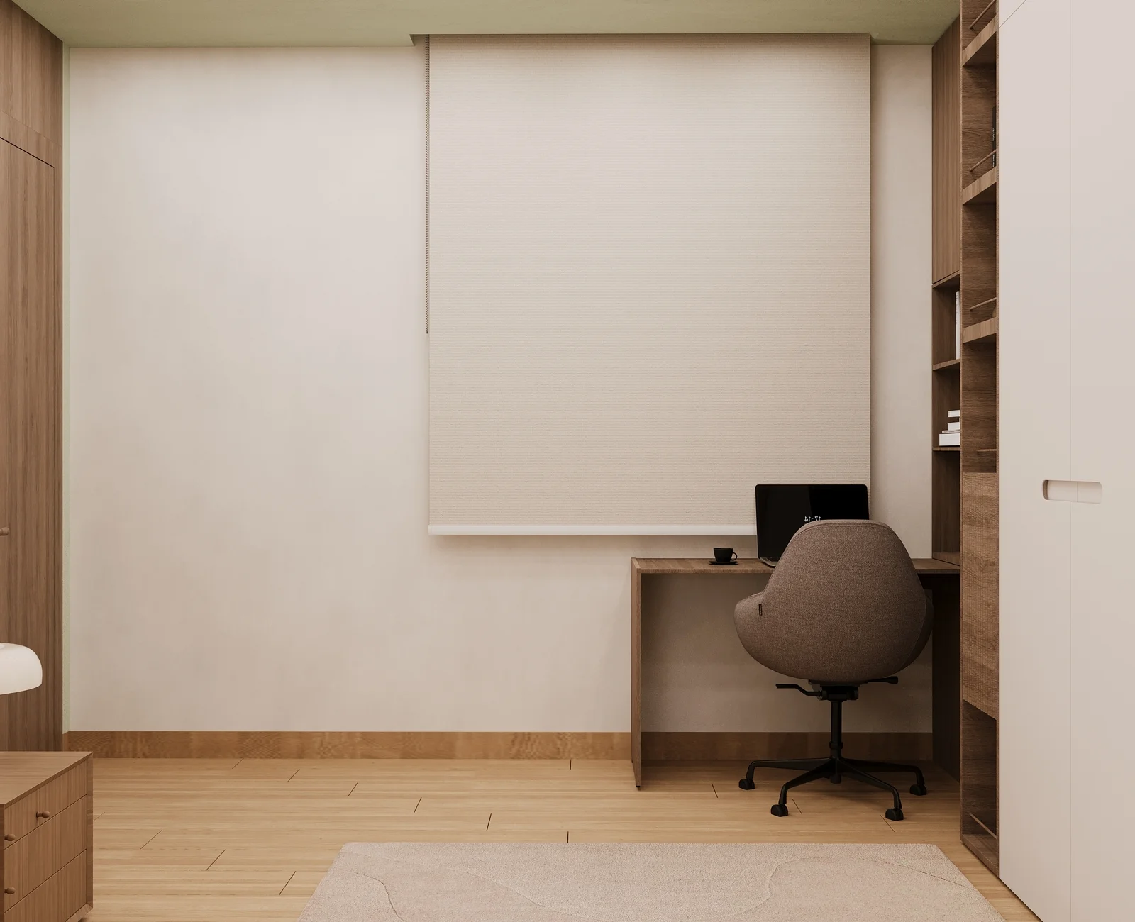 Modern bedroom study corner with a wooden desk, built-in shelving, ergonomic chair, and minimalist neutral decor.