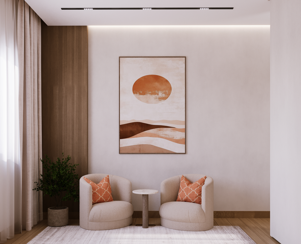 Modern bedroom seating area with two curved armchairs, orange accent cushions, warm wood panels, and minimalist wall art.