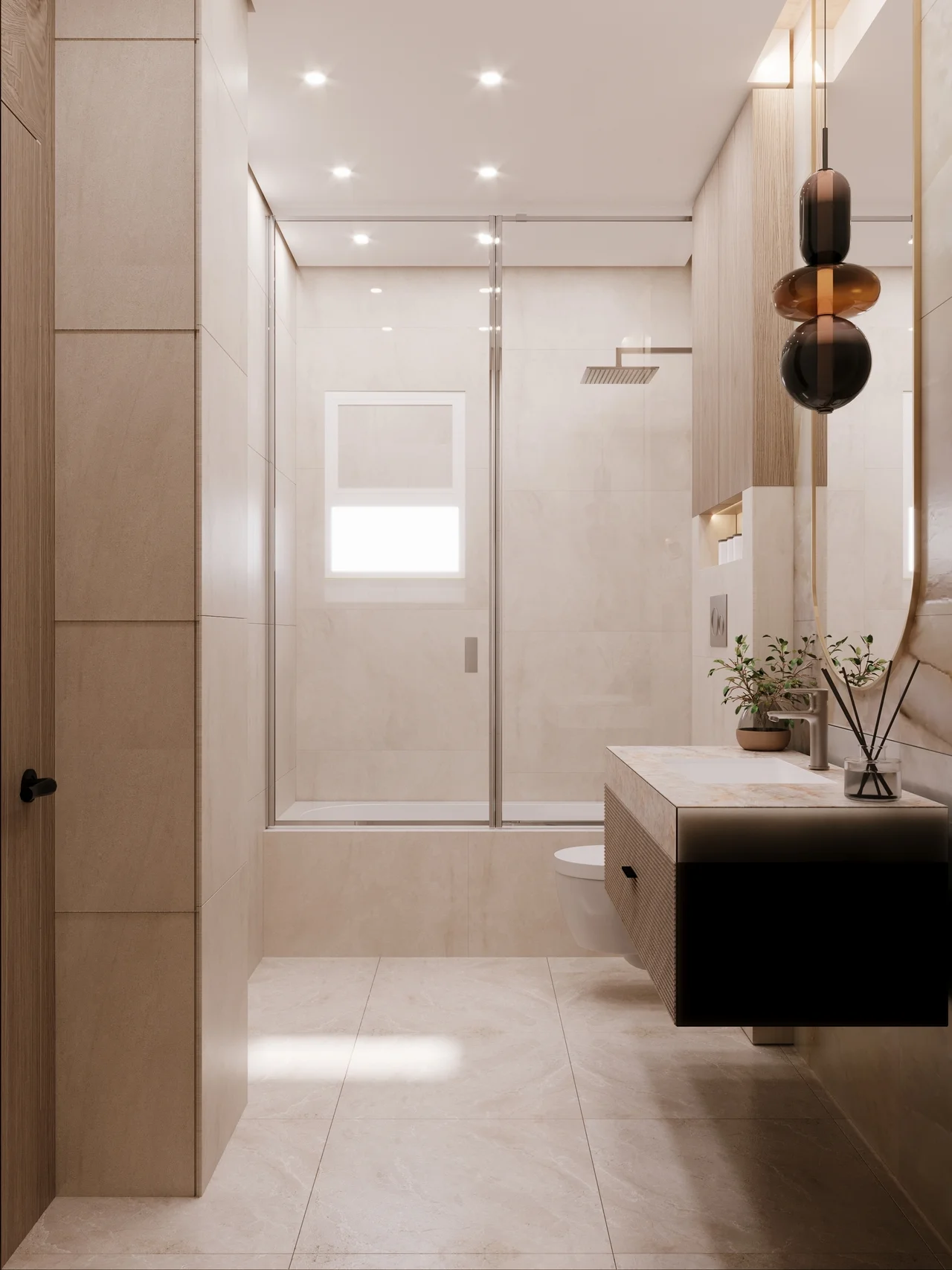 Modern bathroom with a floating vanity, glass-enclosed shower, wall-mounted toilet, warm wood details, and pendant lighting.