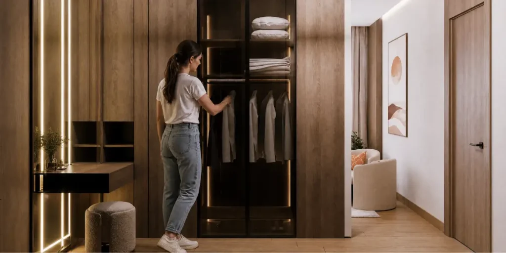 Custom wooden wardrobe with integrated lighting and organised storage in the Mountain View iCity Villa