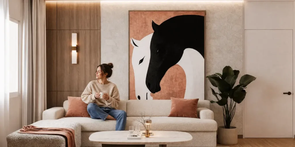 Contemporary seating area in the Mountain View iCity Villa with a sofa, modern artwork, and warm wood details